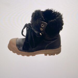 Chloe Black Leather Lace-Up Shearling Ankle Boots with Brown Rubber Sole